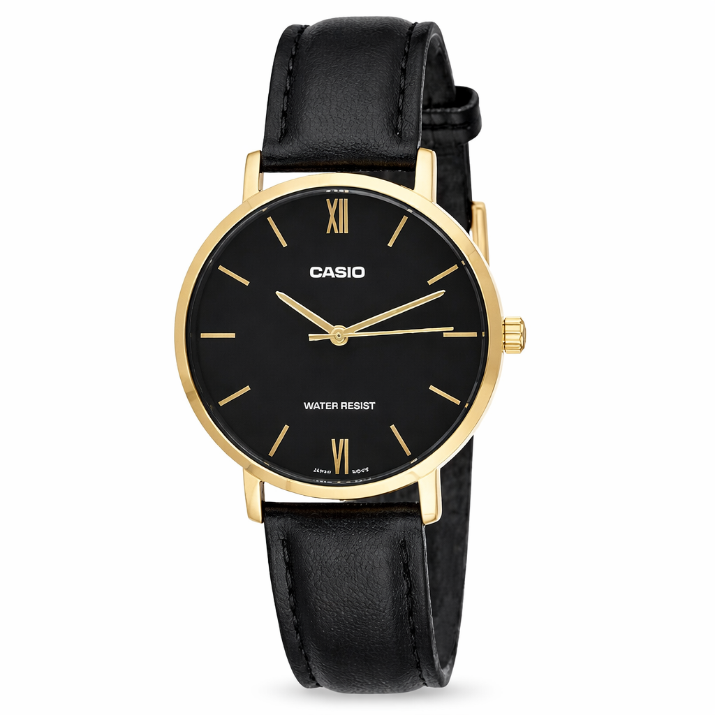 Casio Enticer LTP-VT01GL-1B women's analog watch with black dial and leather strap