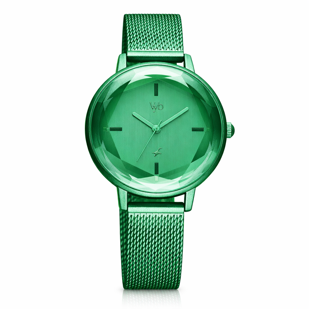 Fastrack Vyb Aurora FV60010QM03W women's analog watch with green dial and stainless steel strap