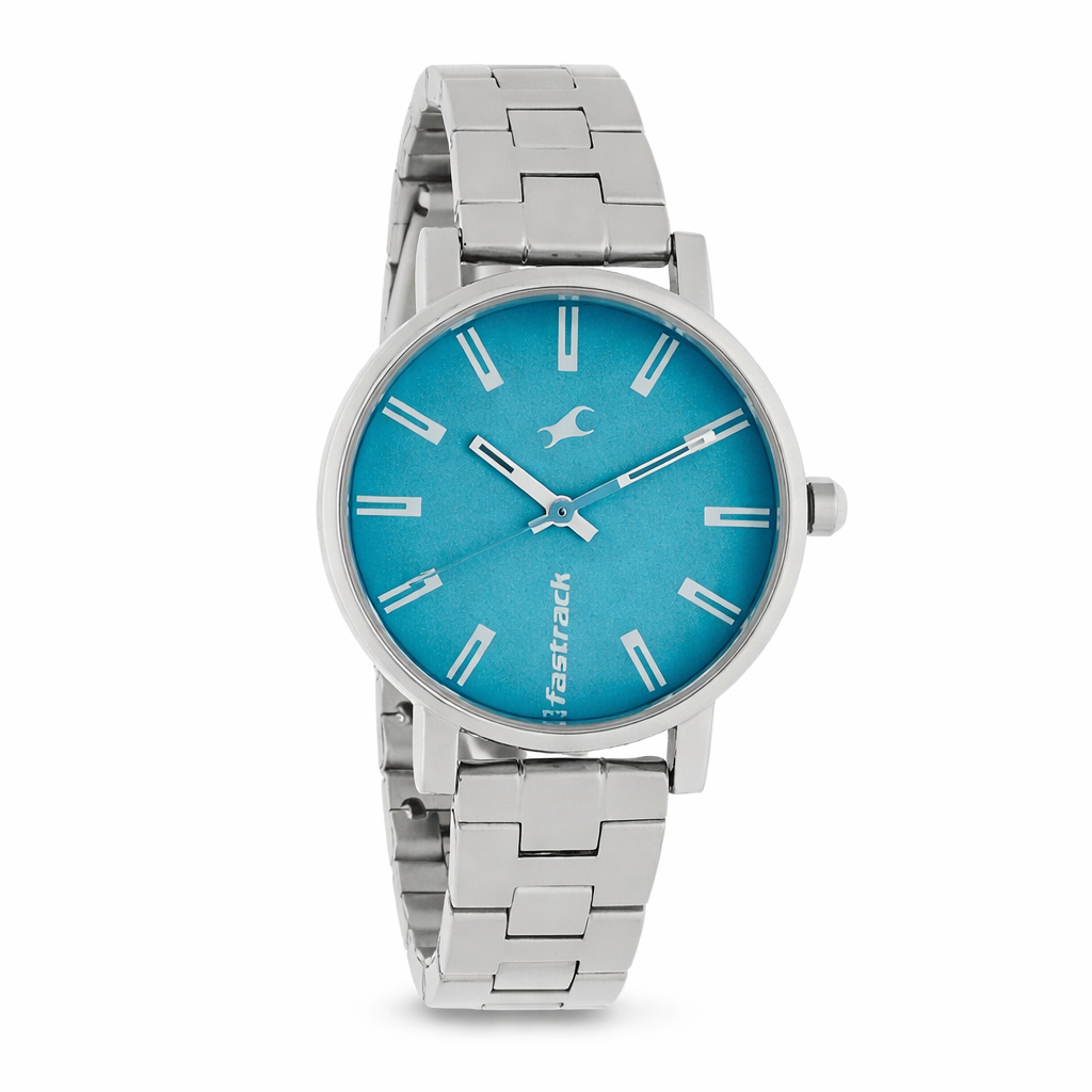 Fastrack Fundamentals NT68010SM02 women's analog watch with blue dial and stainless steel strap