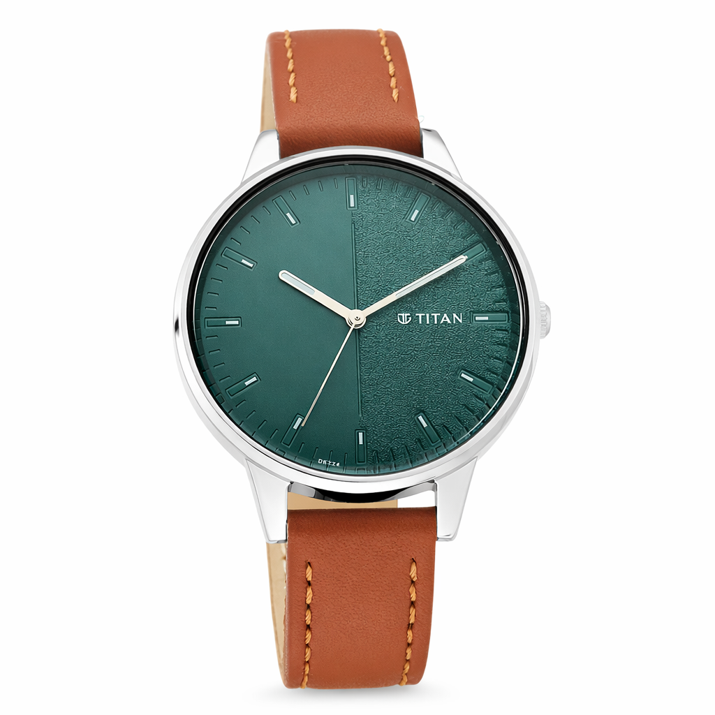 Titan Workwear 2648SL01 women's analog watch with teal green dial and tan leather strap