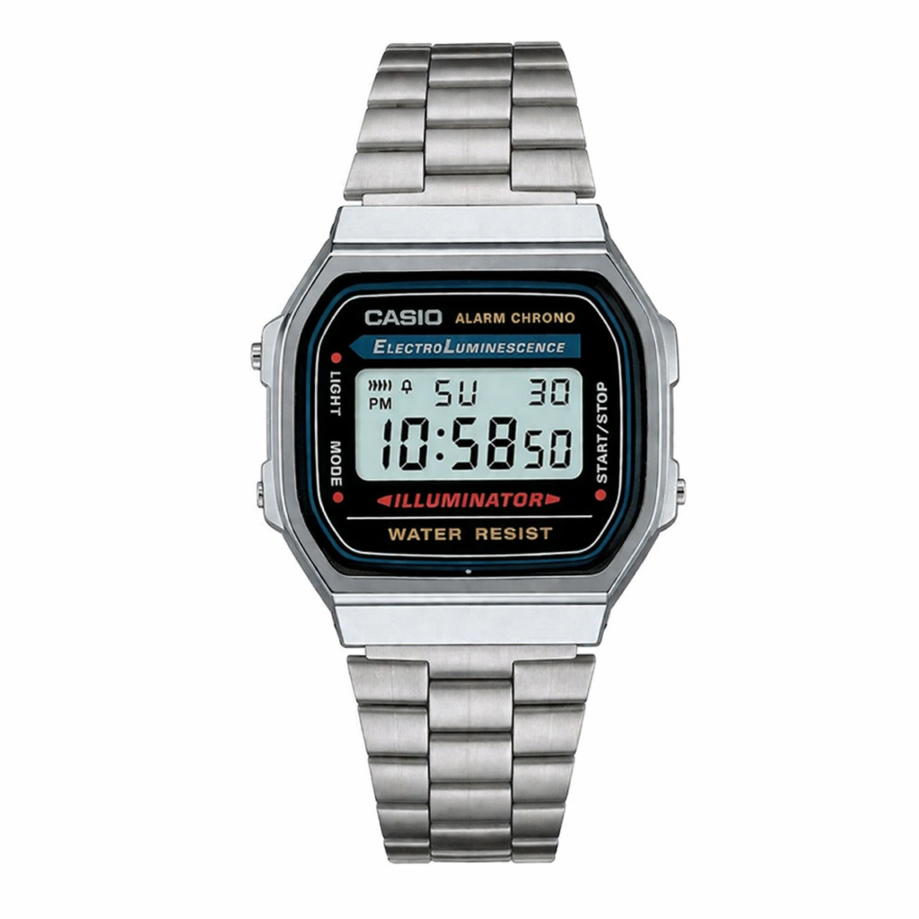 Casio A168WA-1 vintage digital watch with stainless steel band and retro design