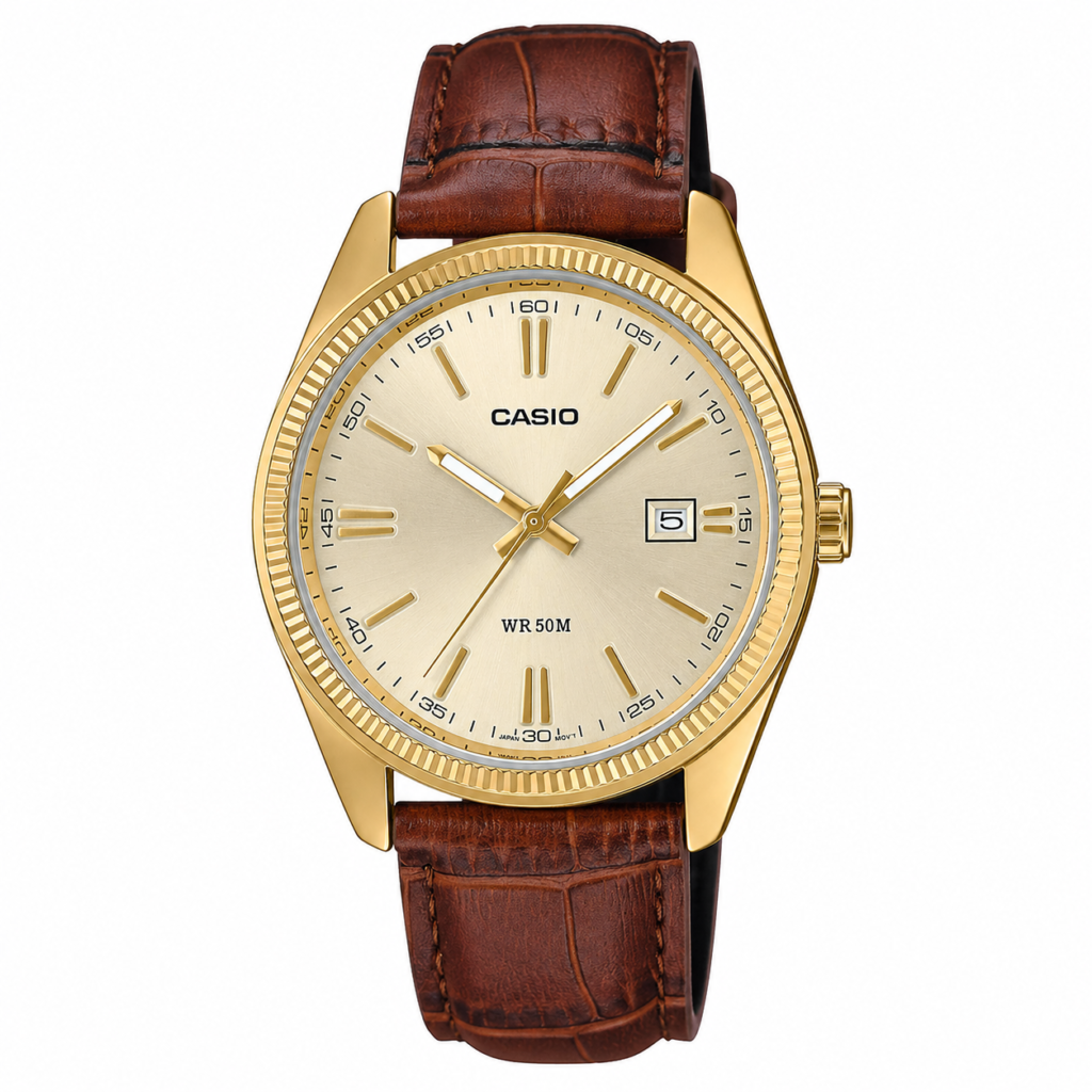 Casio Enticer MTP-1302PGL-9AV analogue men's watch with gold dial and leather strap