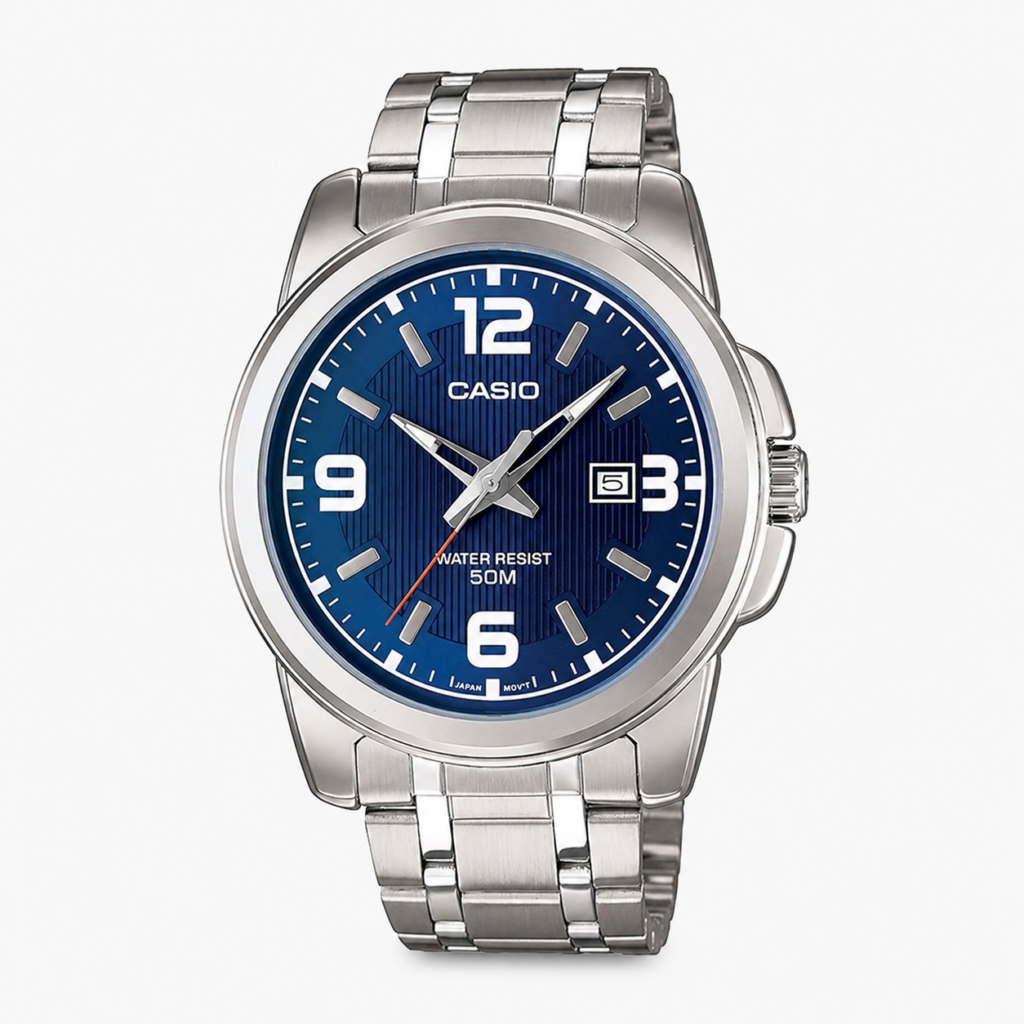 Casio Enticer MTP-1314D-2AV analogue men's watch with blue dial and stainless steel bracelet