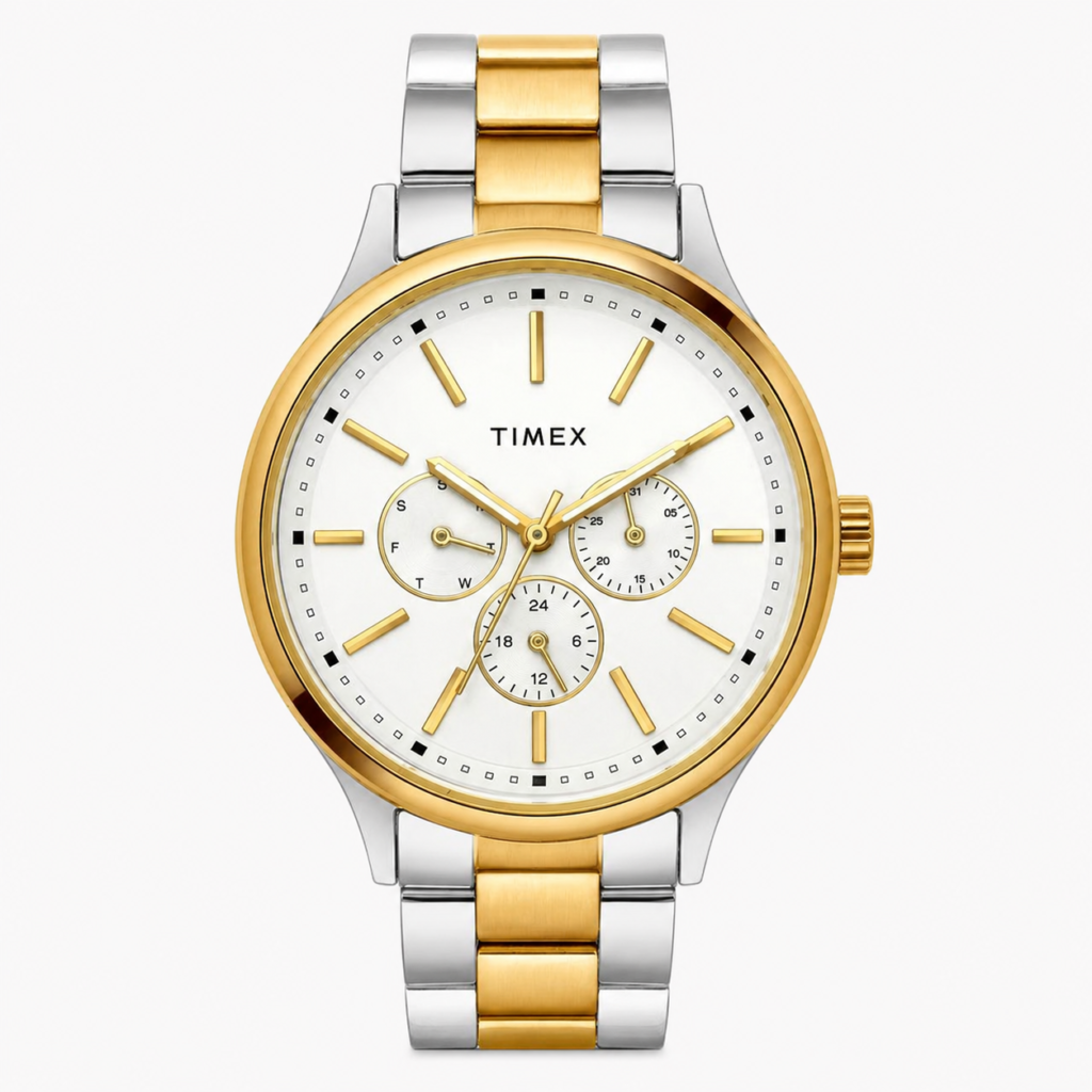 Timex TWEG18424 men's chronograph watch with white dial and metal bracelet