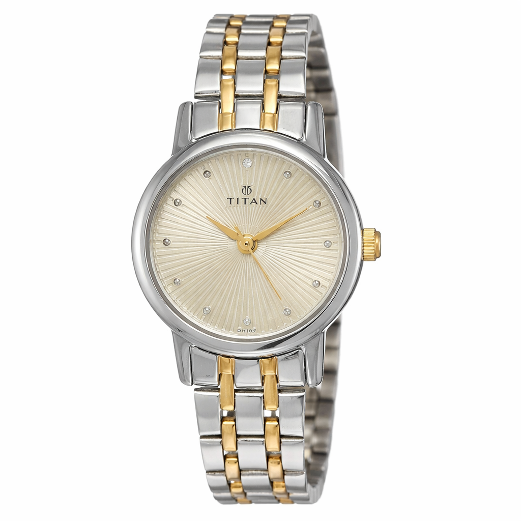 Titan NU2593BM01 Karishma Revive women’s analogue watch with champagne dial and metal strap