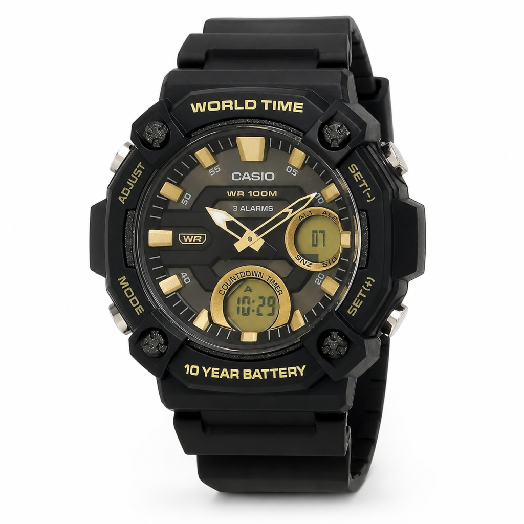 Casio Youth Analog-Digital Gold Dial men's sports watch with black resin strap