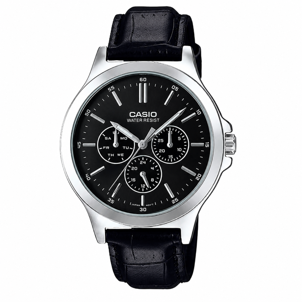Casio MTP-V300L-1AUDF Enticer Men's analog multifunction watch with black dial