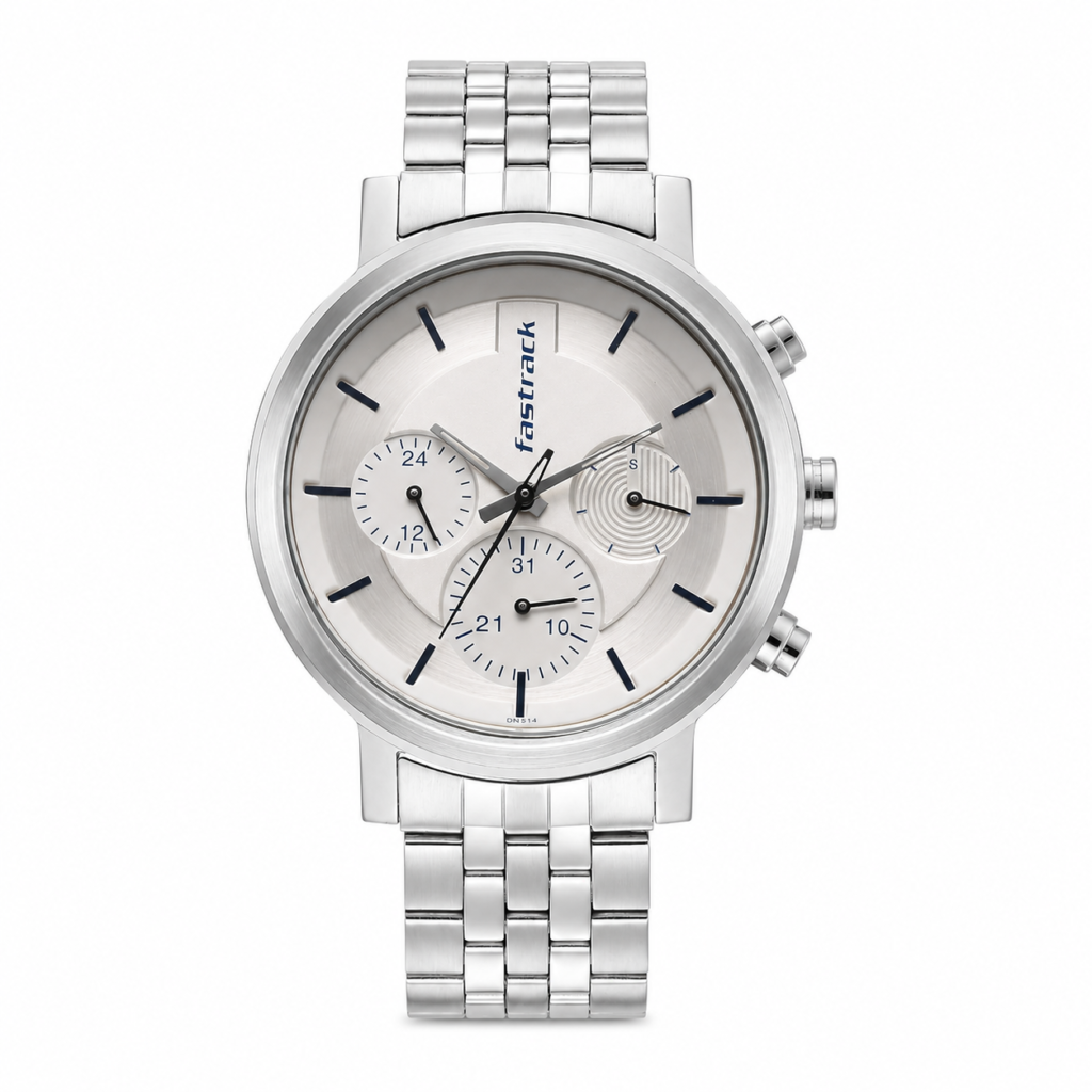 Fastrack NU3287SM01 Tick Tock analog multifunction watch with white dial