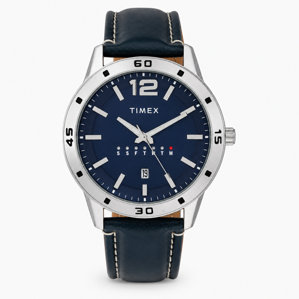 Timex TW000U931 analogue men's formal watch with blue round dial and blue leather strap
