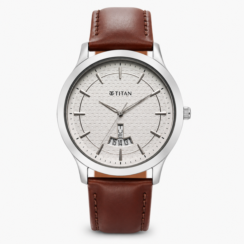 Titan NT1825SL15 Karishma quartz analogue men's watch with silver dial and brown leather strap
